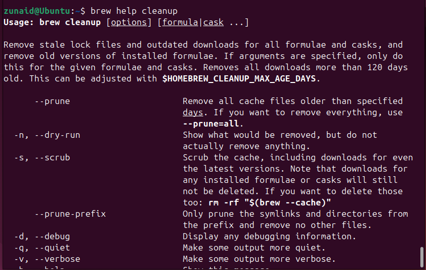 Vérification de la section d'aide pour une commande Brew spécifique sur Linux.