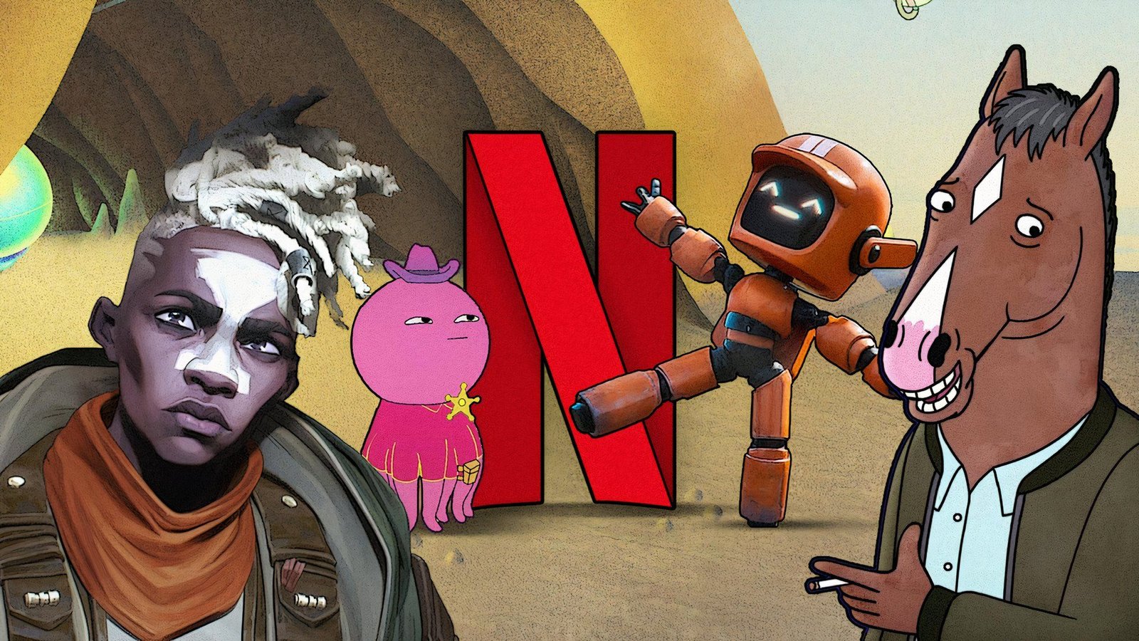 Logo Netflix avec quelques personnages de série animés autour de lui.