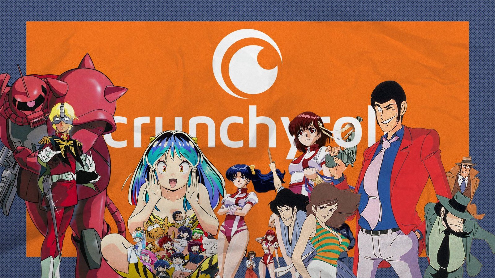 Crunchyroll Logo entouré de personnages d'anime rétro.