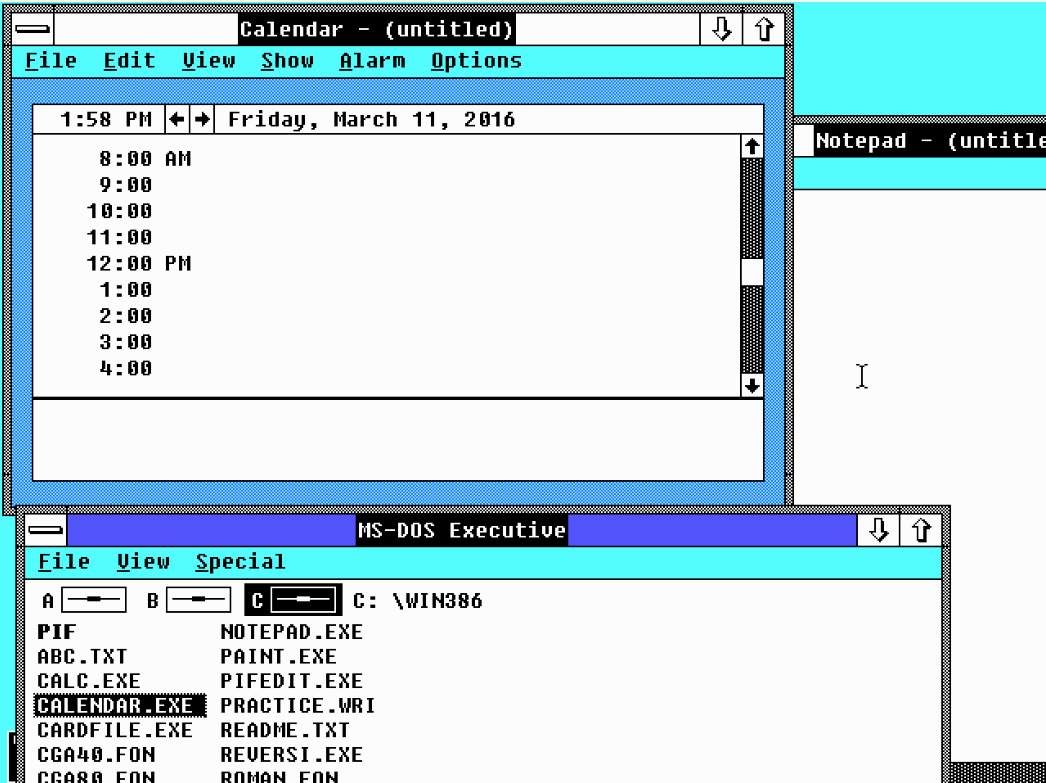 Windows 2.0 avec plusieurs applications ouvertes.
