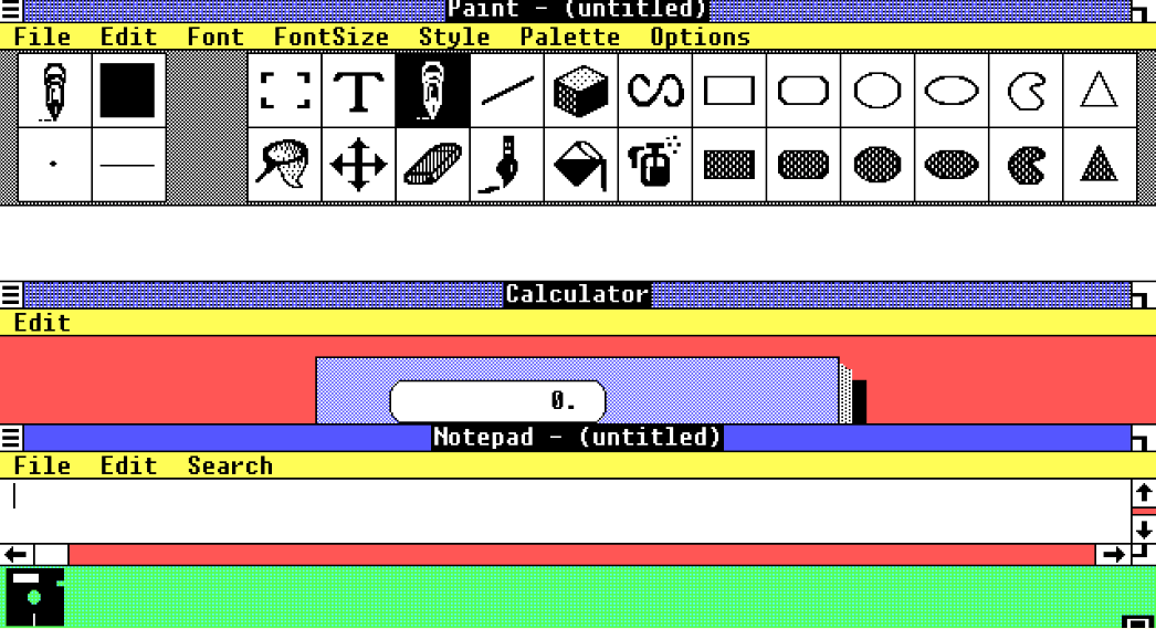 Peinture, calculatrice et bloc-notes.