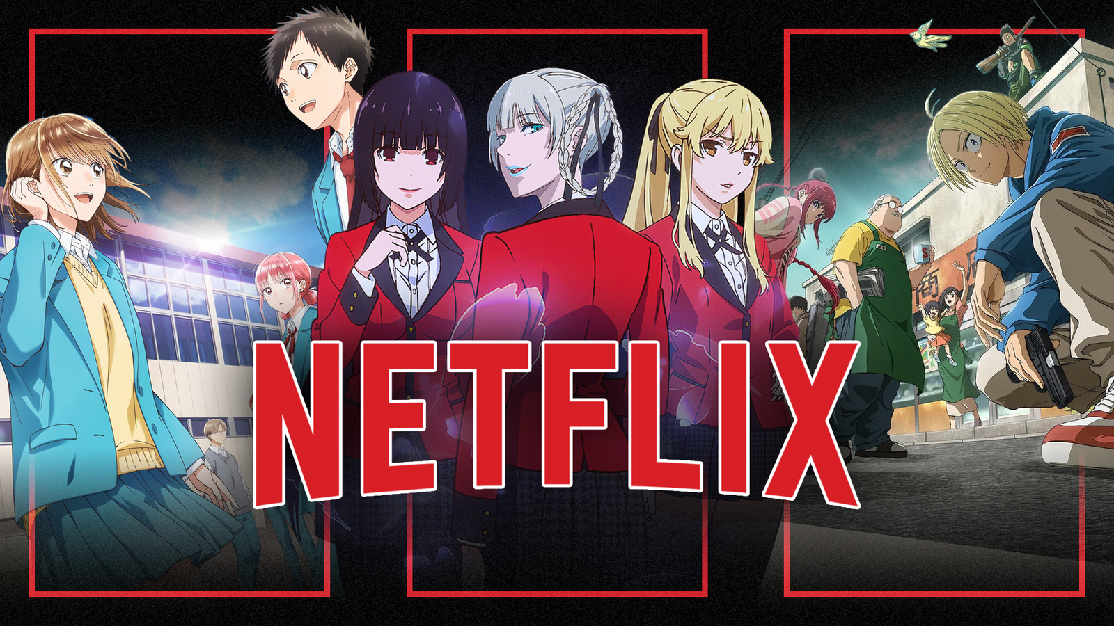 Logo Netflix avec des spectacles d'anime originaux Netflix en arrière-plan.