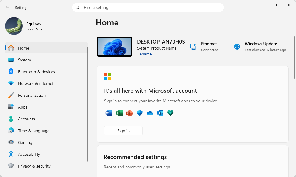 Le menu des paramètres de Windows 11. 