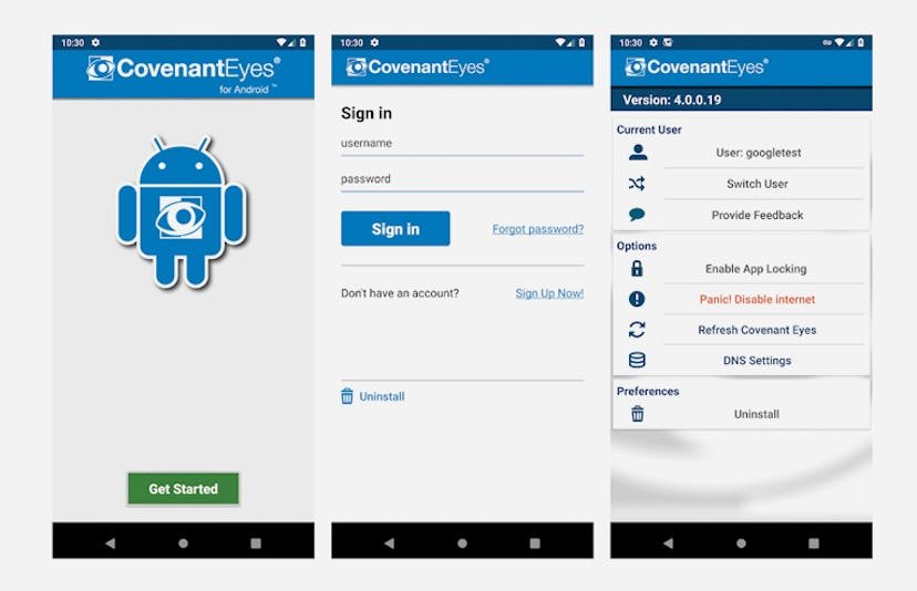 Trois captures d'écran de l'application d'alliance Eyes