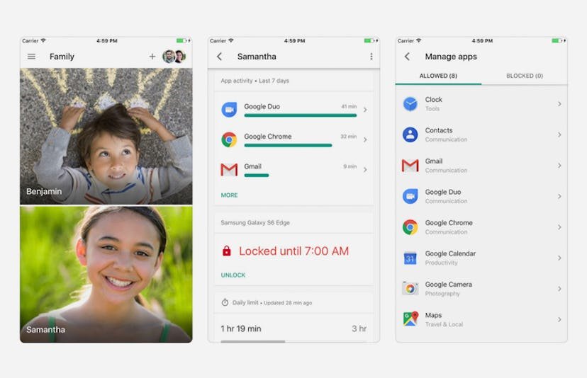 Trois captures d'écran de l'application Google Family Link