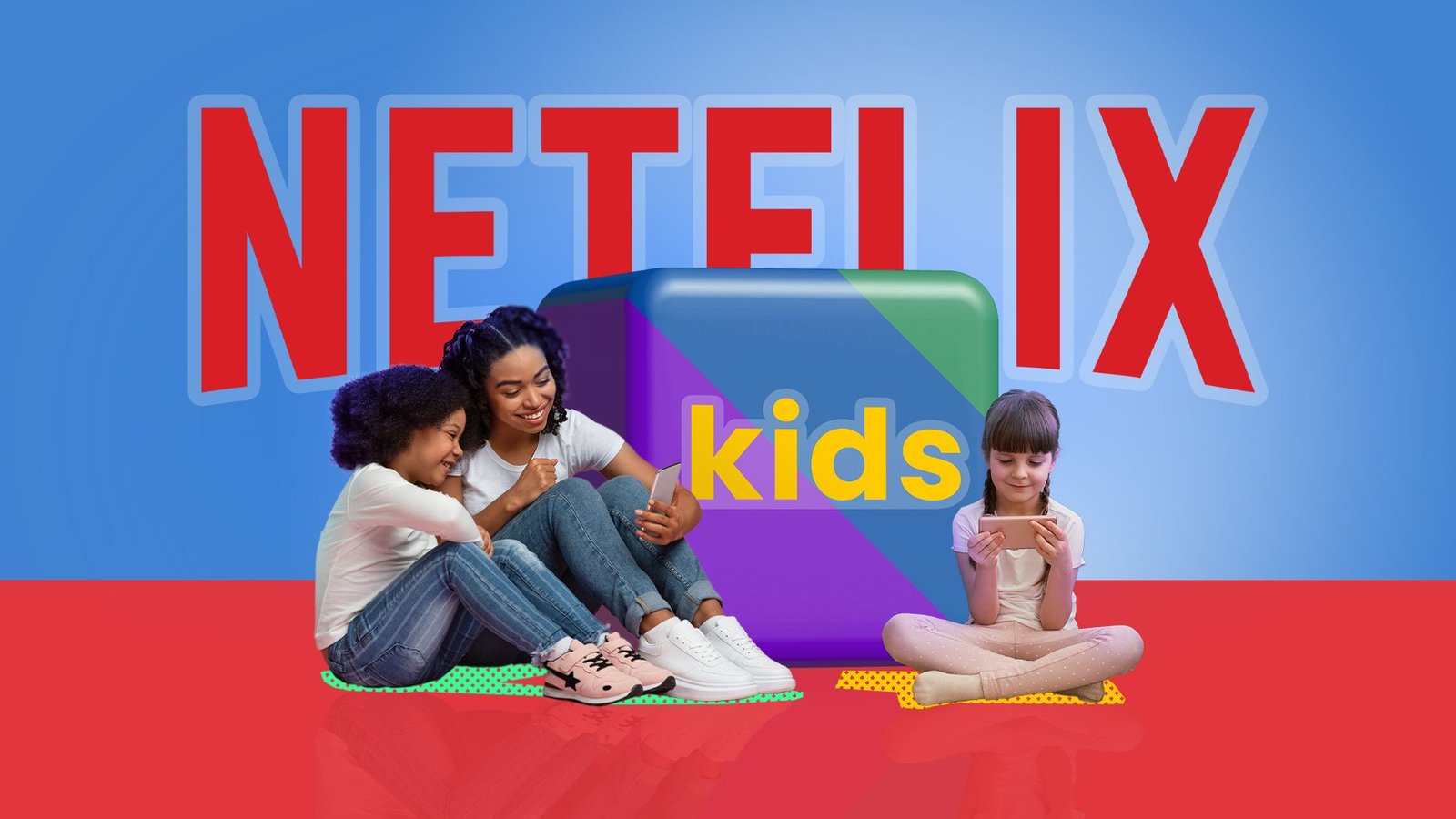 Une femme qui regarde Netflix avec deux enfants, une icône «enfants» en arrière-plan et le logo Netflix.