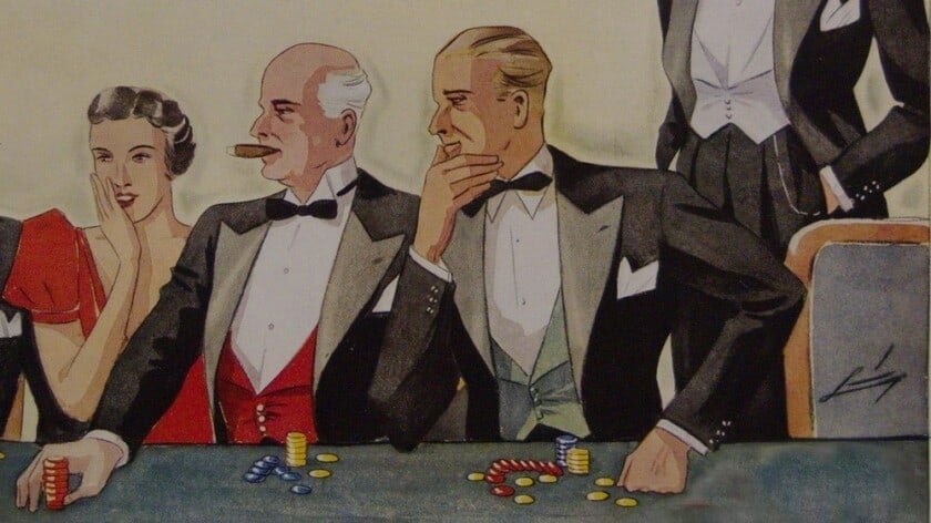 Tie noire en 1934 en Allemagne. Remarquez les gilets colorés et le col raide avec gilet à cravate blanc et boutonnière sur l'image en vedette droite Une femme dans une robe rouge sur une table de jeu avec trois gentleman dans des ensembles de cravate noire