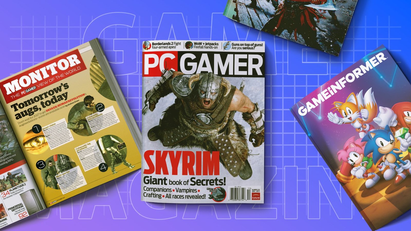 Différents magazines de jeu sur une surface.