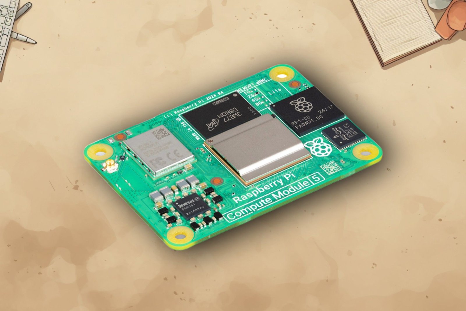 Raspberry Pi Compute Module 5 sur un fond kaki