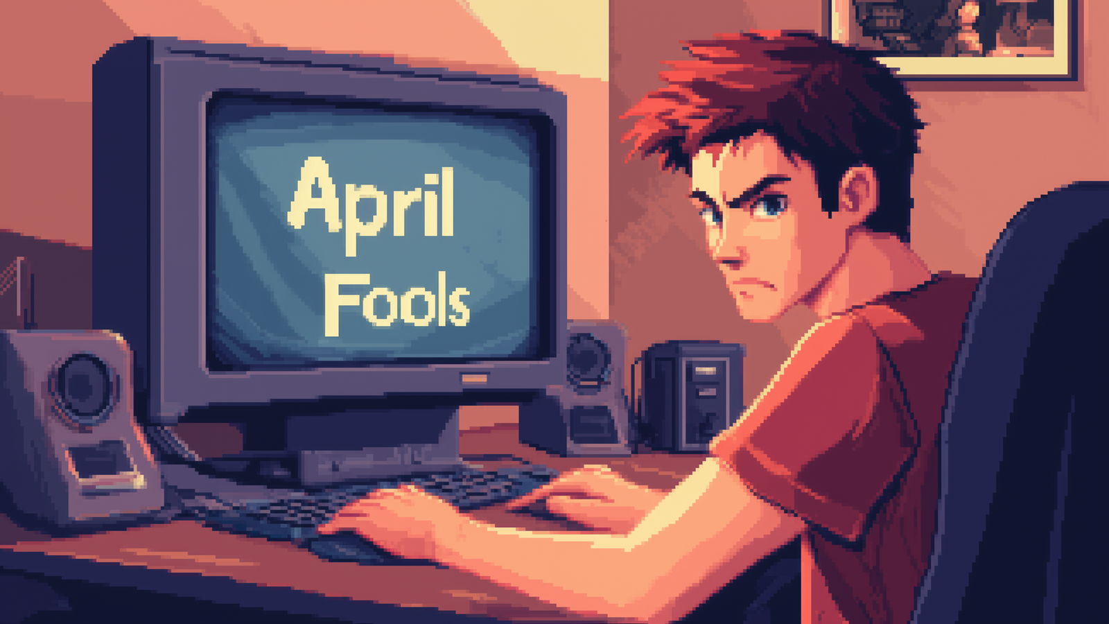 Image d'art de pixel généré par AI d'un joueur regardant le spectateur avec de l'agacement et les mots avril imporns sur son écran