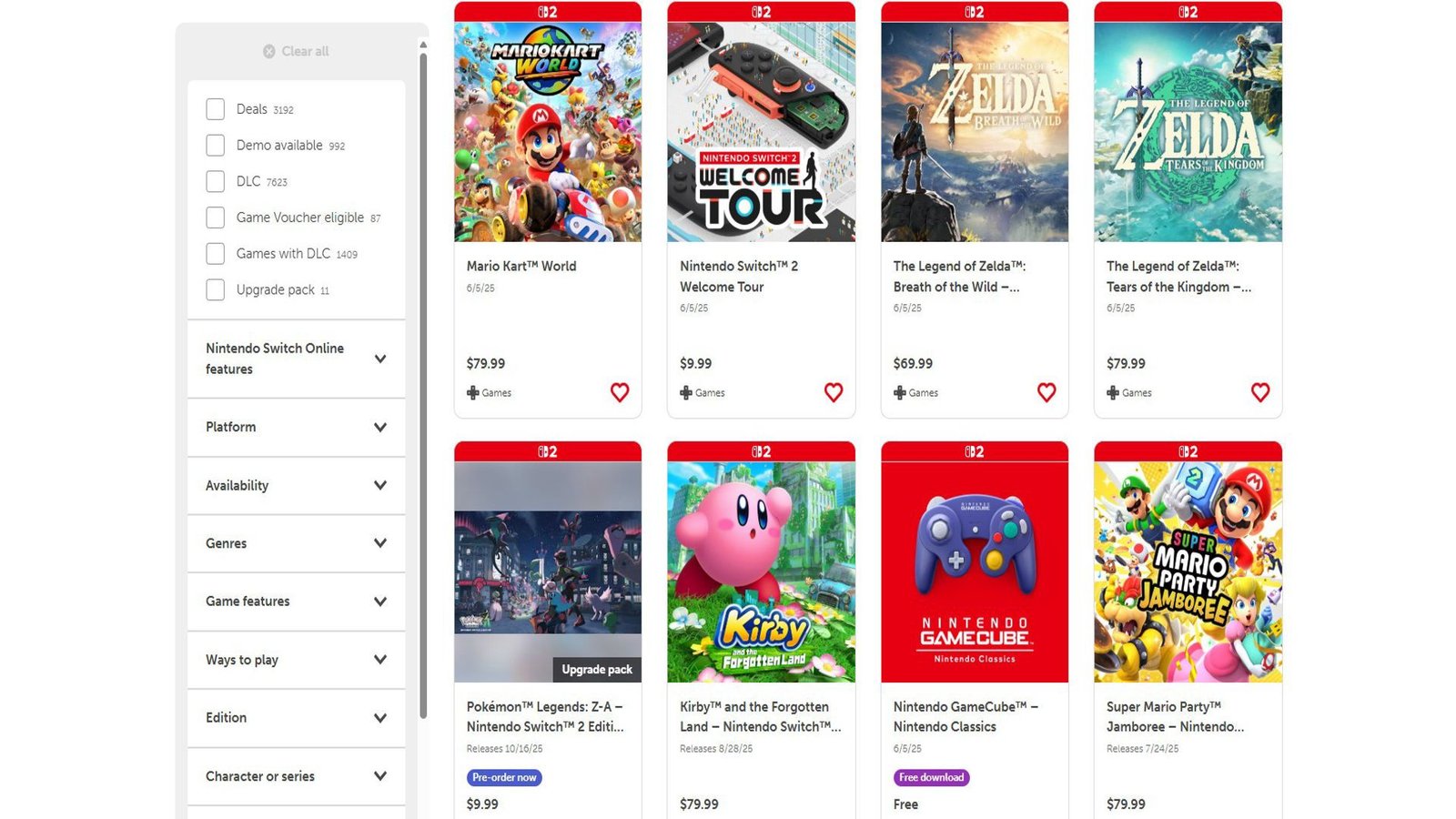 La gamme Switch 2 de Nintendo sur l'Eshop.