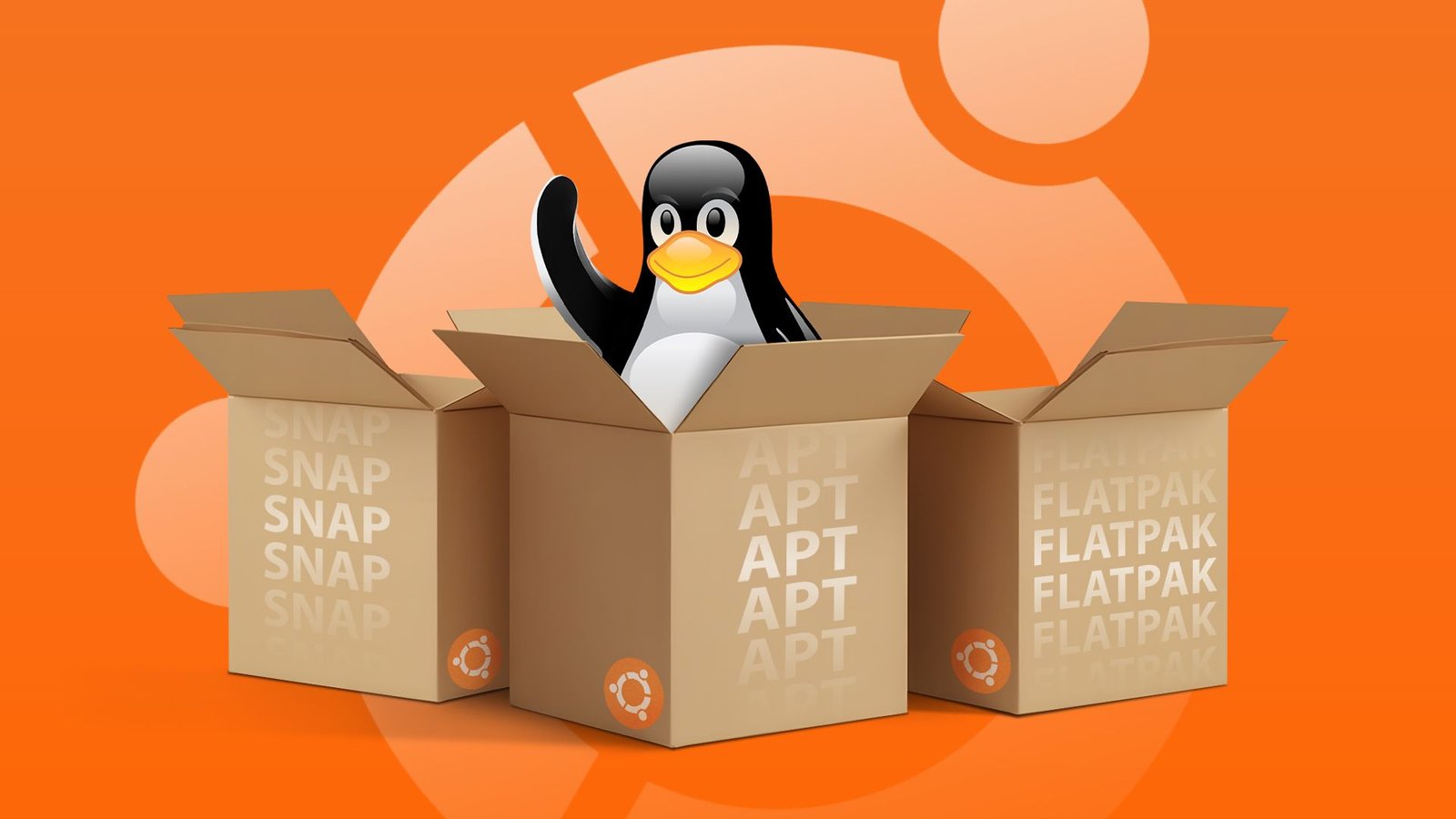 La mascotte Linux à l'intérieur d'une boîte, deux boîtes à côté et le logo Ubuntu en arrière-plan.