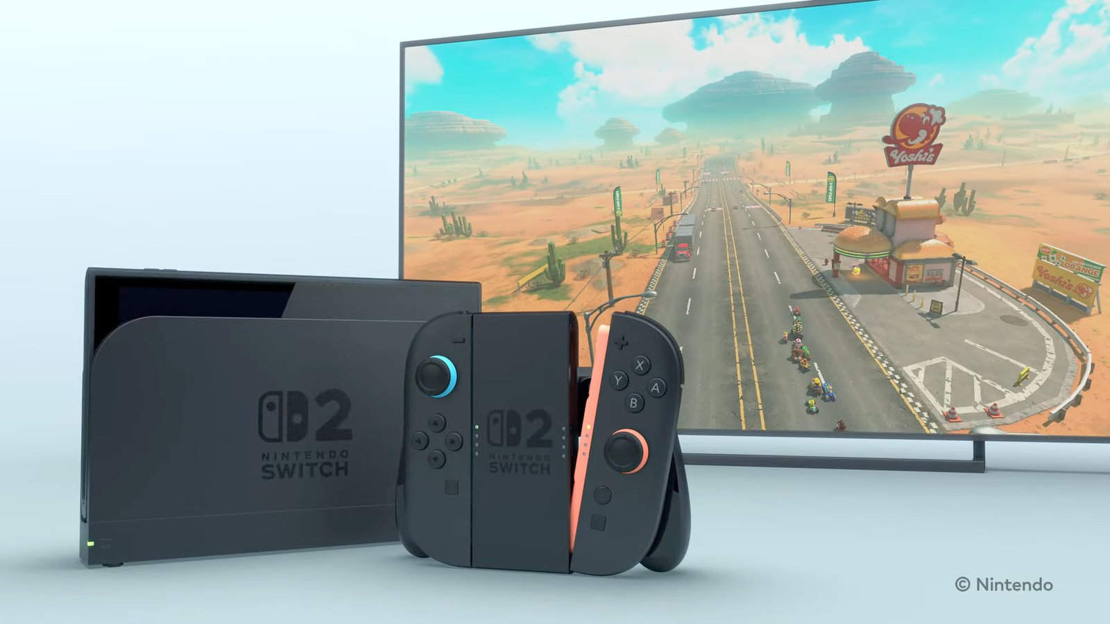 Communiquez 2 dans Dock, Switch 2 Joy-Cons in Grip et Mario Kart 9 sur un téléviseur.