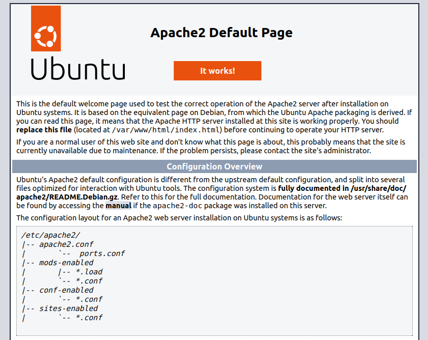 La page par défaut d'Apache sur Ubuntu donne des informations détaillées sur la configuration.