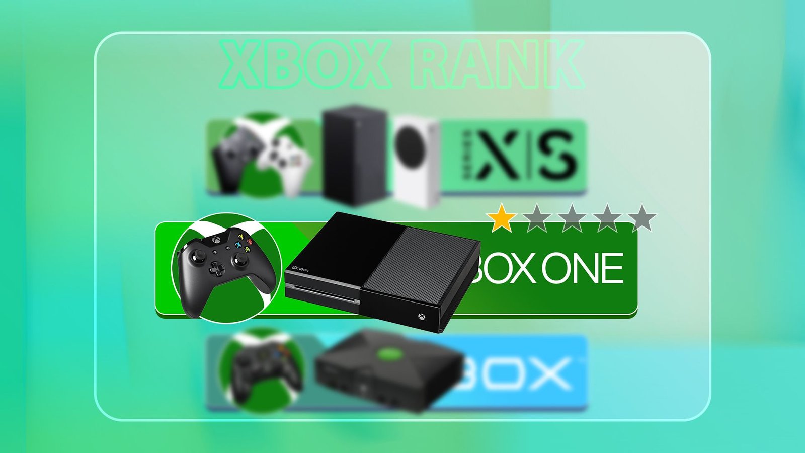 Un classement avec la Xbox One au centre, et la série Xbox et la Xbox originale se sont brouillées en arrière-plan.