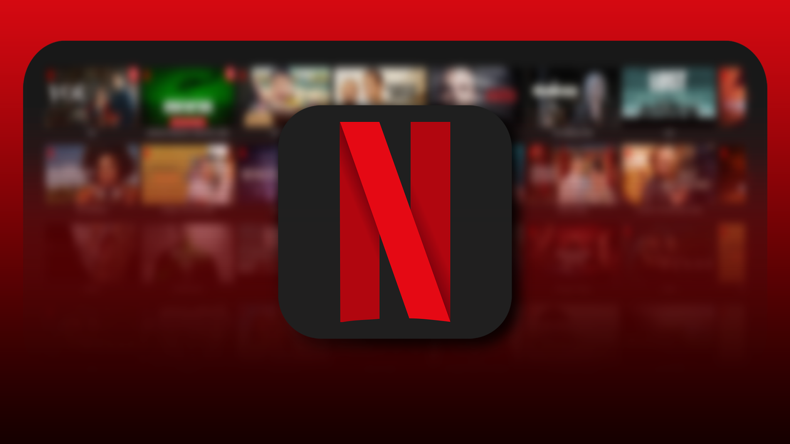 Le logo Netflix était centré sur un fond dégradé sombre, avec une grille floue d'émissions et de films derrière.