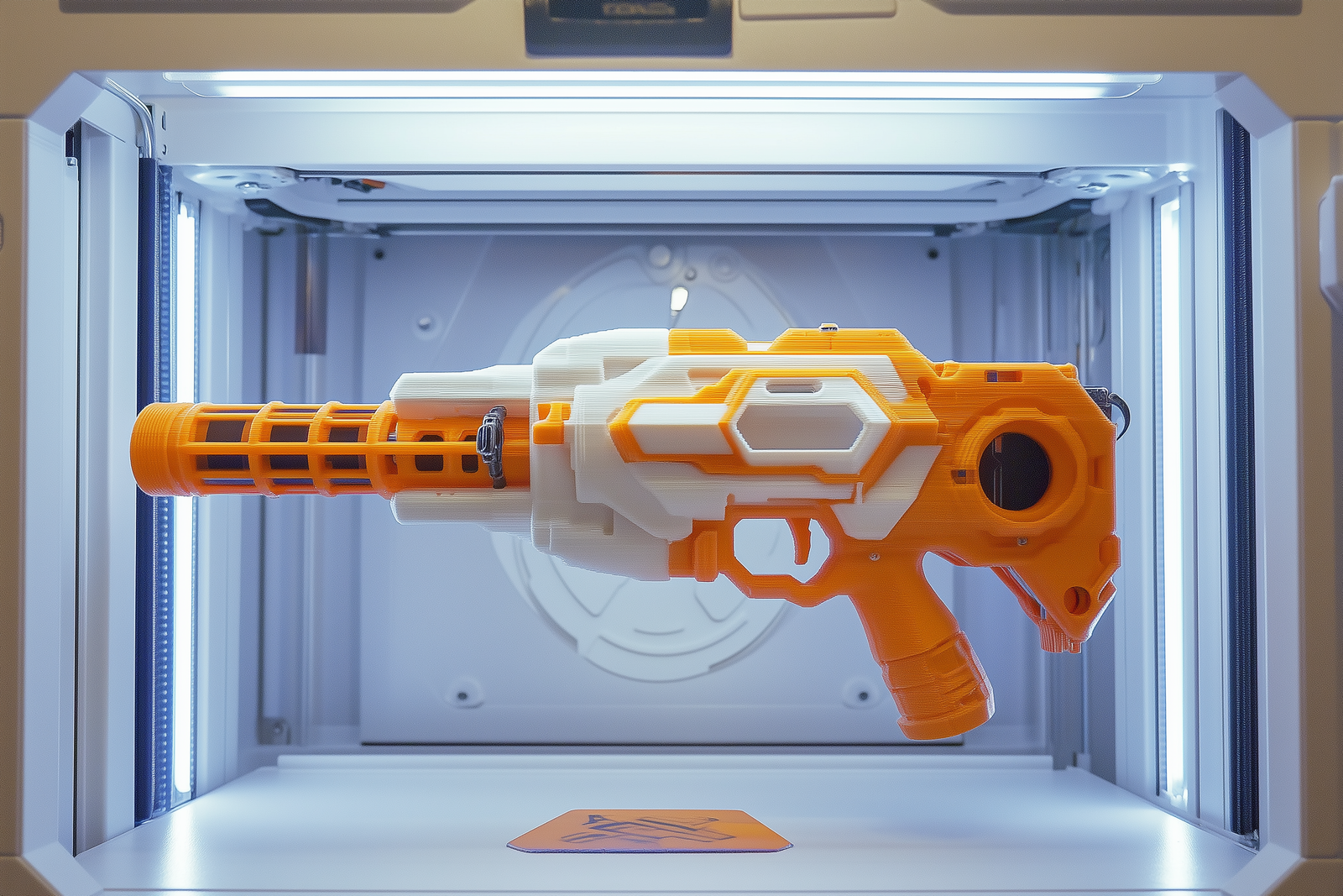 Image générée par l'AI-AI d'un blaster de style nerf flottant dans une imprimante 3D futuriste