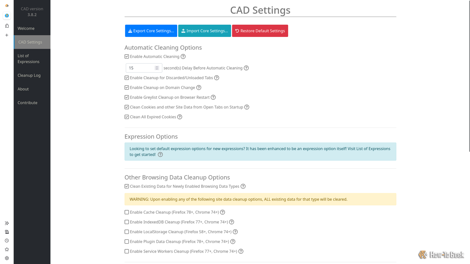 Une fenêtre de navigateur affiche la page Options d'extension Cookie AutoDelelete, affichant divers paramètres et fonctionnalités pour gérer l'extension.