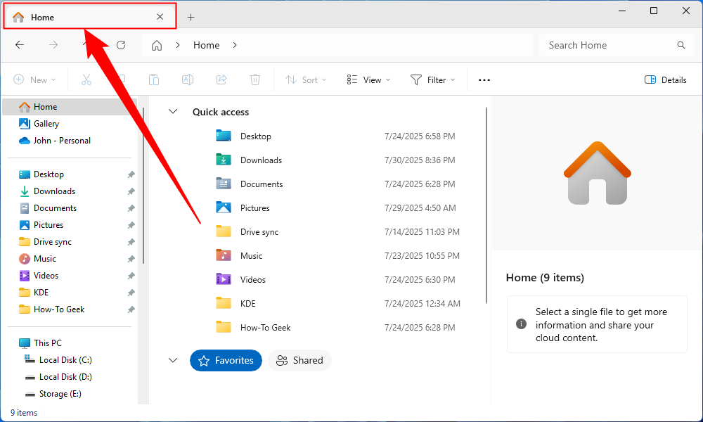 L'onglet Home s'ouvre dans File Explorer. 