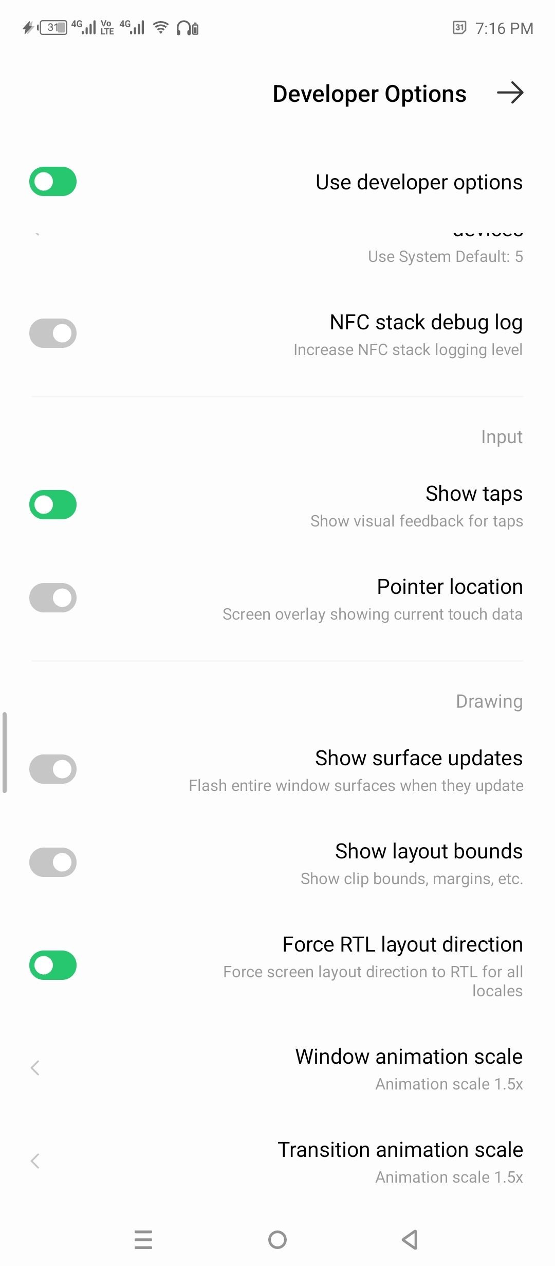 Style de mise en page RTL dans les options de développeur Android.