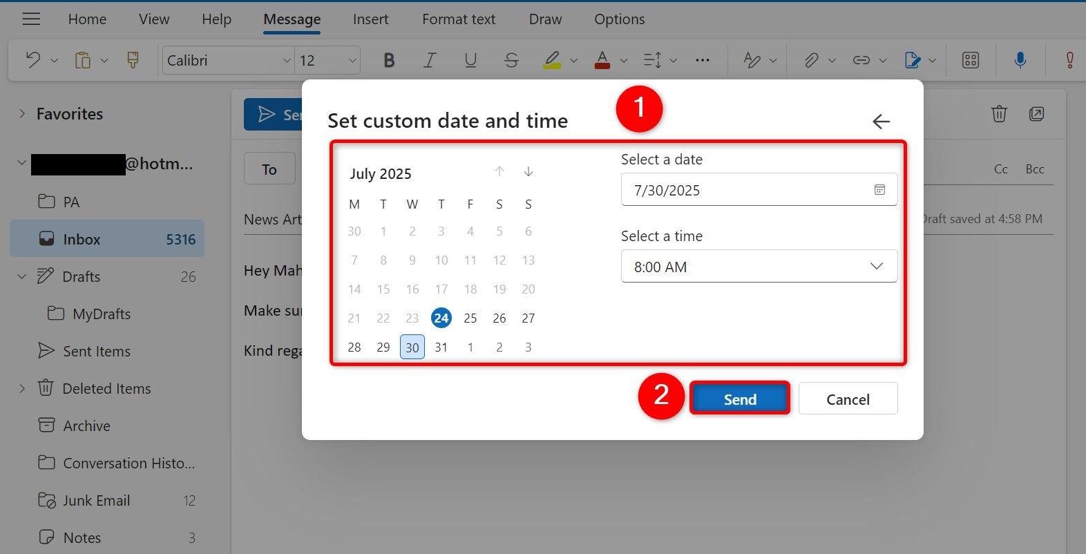Planifiez les options d'envoi de date et d'heure mises en évidence dans Outlook Web.