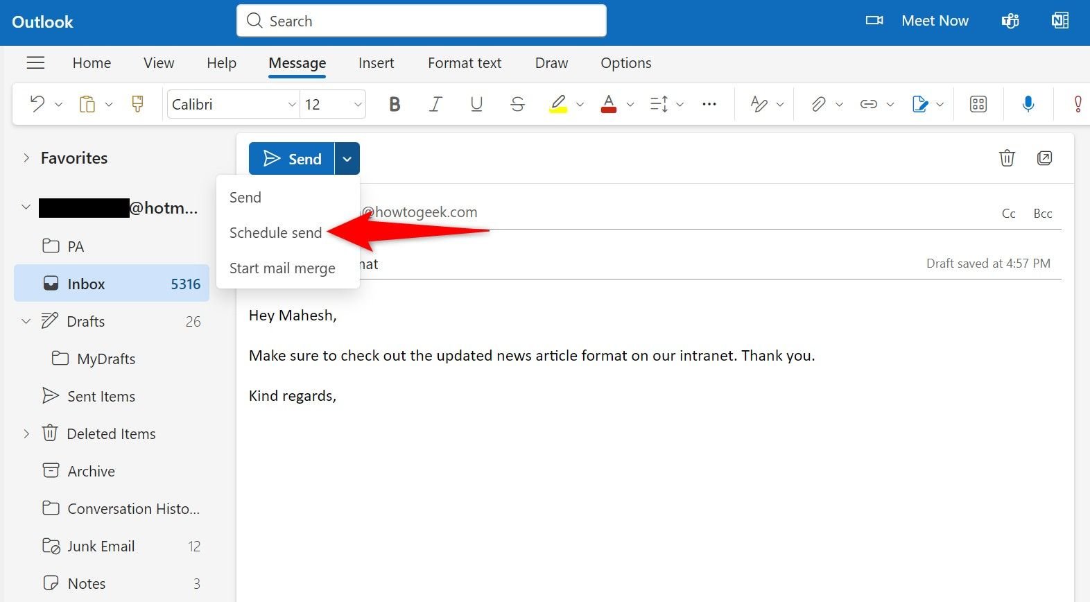"Planifier l'envoi" mis en évidence dans Outlook Web.