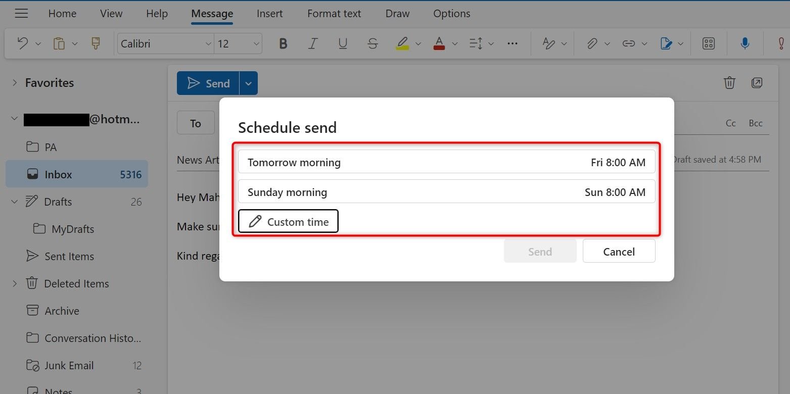 Planifiez les options d'envoi mises en évidence dans Outlook Web.