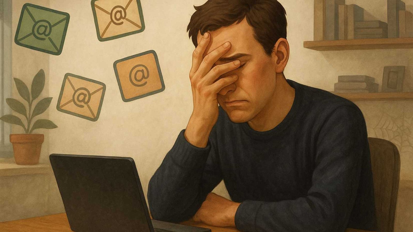 Un homme facepalms alors que les icônes de messagerie flottent autour de lui.