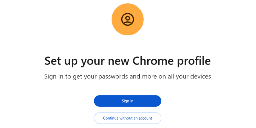 L'écran pour choisir de vous connecter à un compte Google ou de continuer sans un profil dans Chrome.