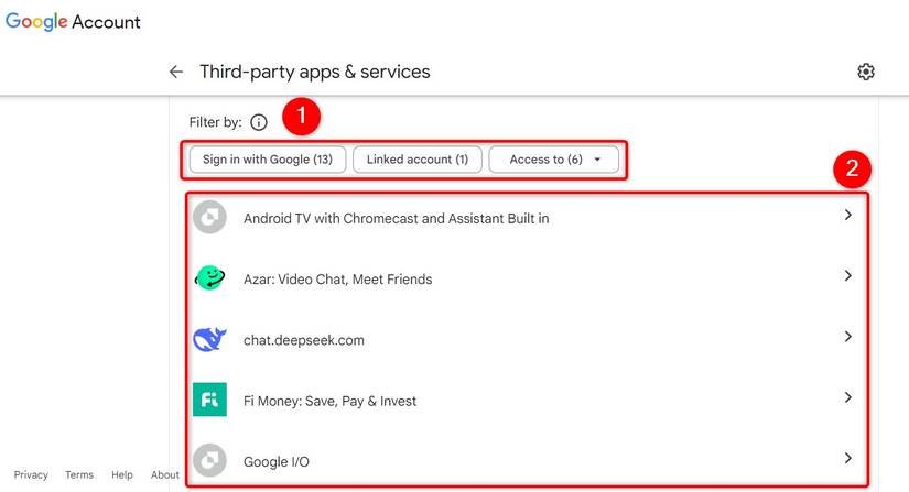 Les applications et services connectés au compte Google ont été mis en évidence.