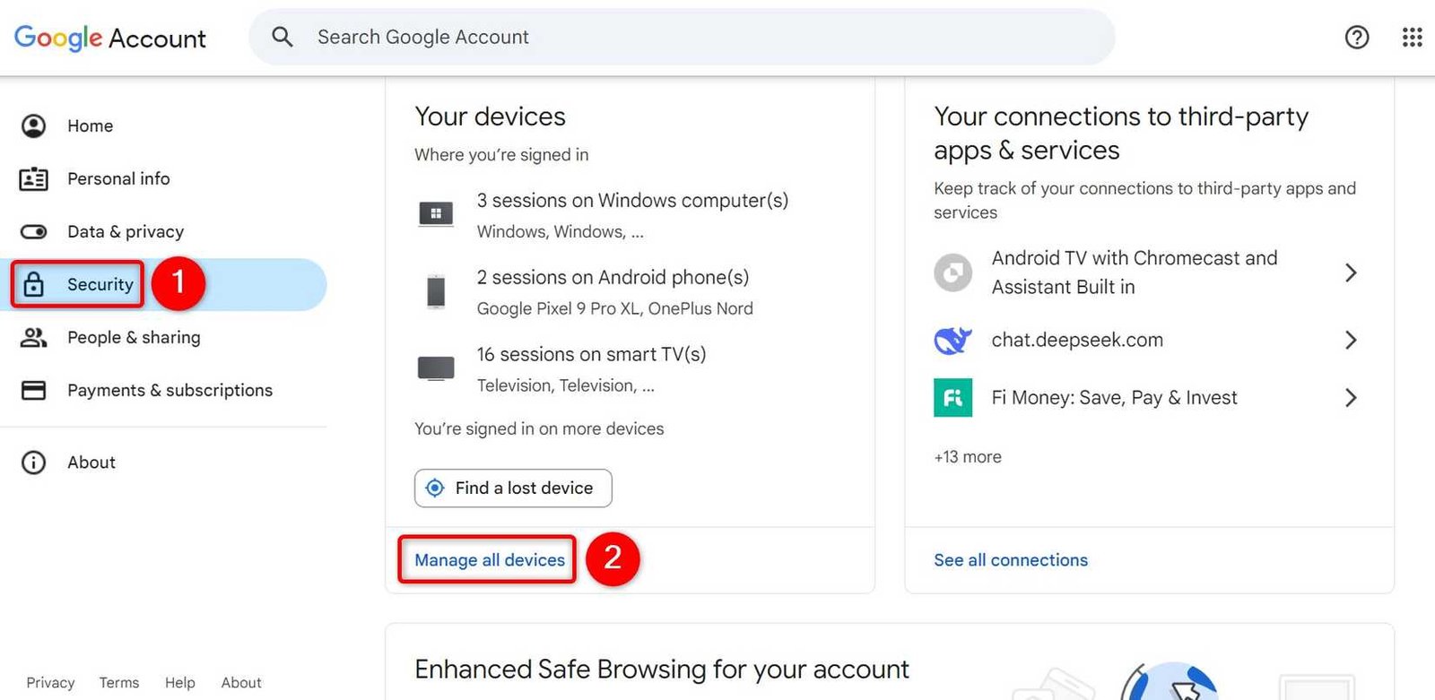 "Sécurité" et "Gérer tous les appareils" mis en évidence sur Google mon compte.