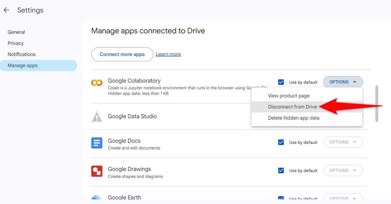 "Se déconnecter du lecteur" mis en surbrillance dans les paramètres de Google Drive.