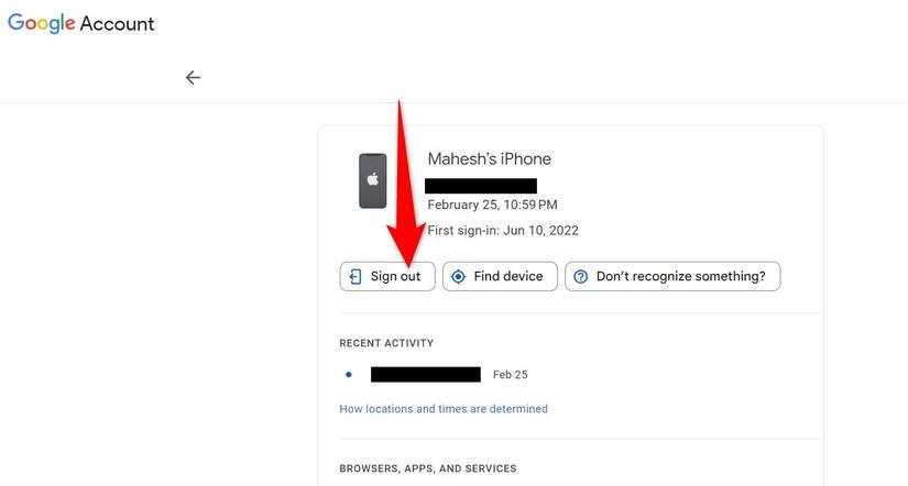 "Se déconnecter" mis en surbrillance pour un appareil sur Google mon compte.