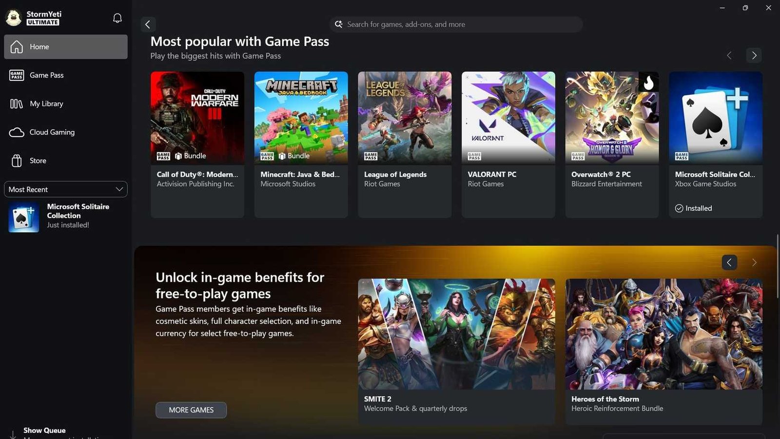 Menu Xbox Game Pass avec des jeux alignés