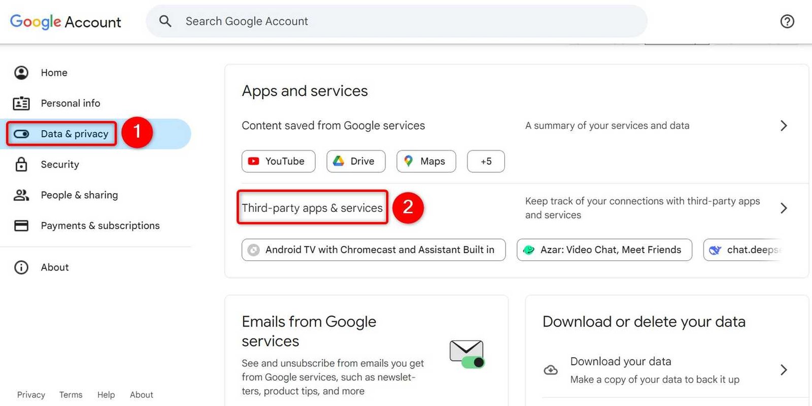"Données et confidentialité" et "Applications et services tiers" mis en évidence sur Google mon compte.