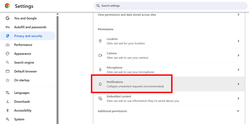 Le "Notifications" Option dans les paramètres Google Chrome.