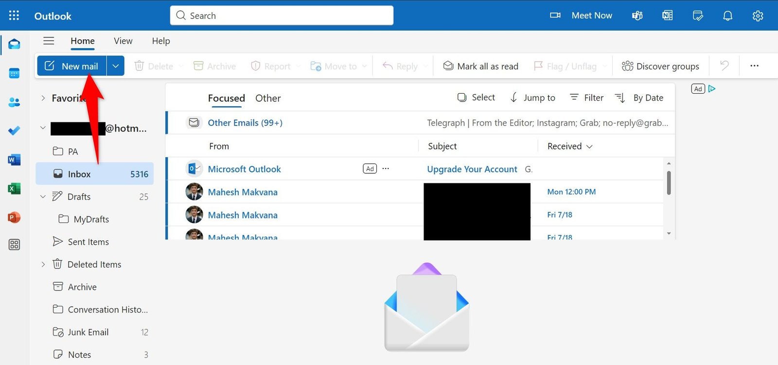 "Nouveau courrier" mis en évidence dans Outlook Web.