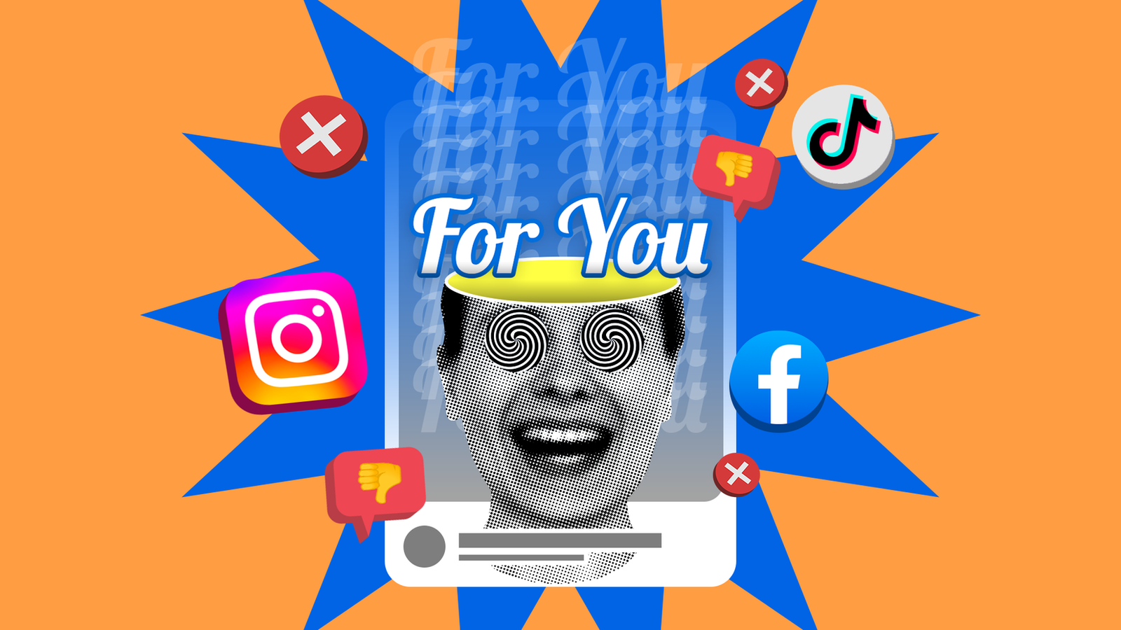 Illustration conceptuelle d'une personne hypnotisée par la page «For You» sur les réseaux sociaux et des logos d'Instagram, Tiktok et Facebook entourant l'écran, ainsi que des icônes de pouce.