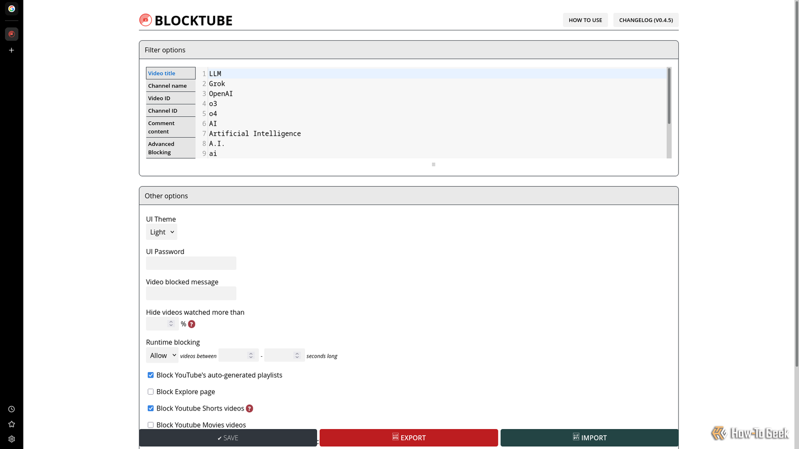 Une fenêtre de navigateur affiche la page Options BlockTube avec plusieurs filtres définis dans une zone d'entrée.