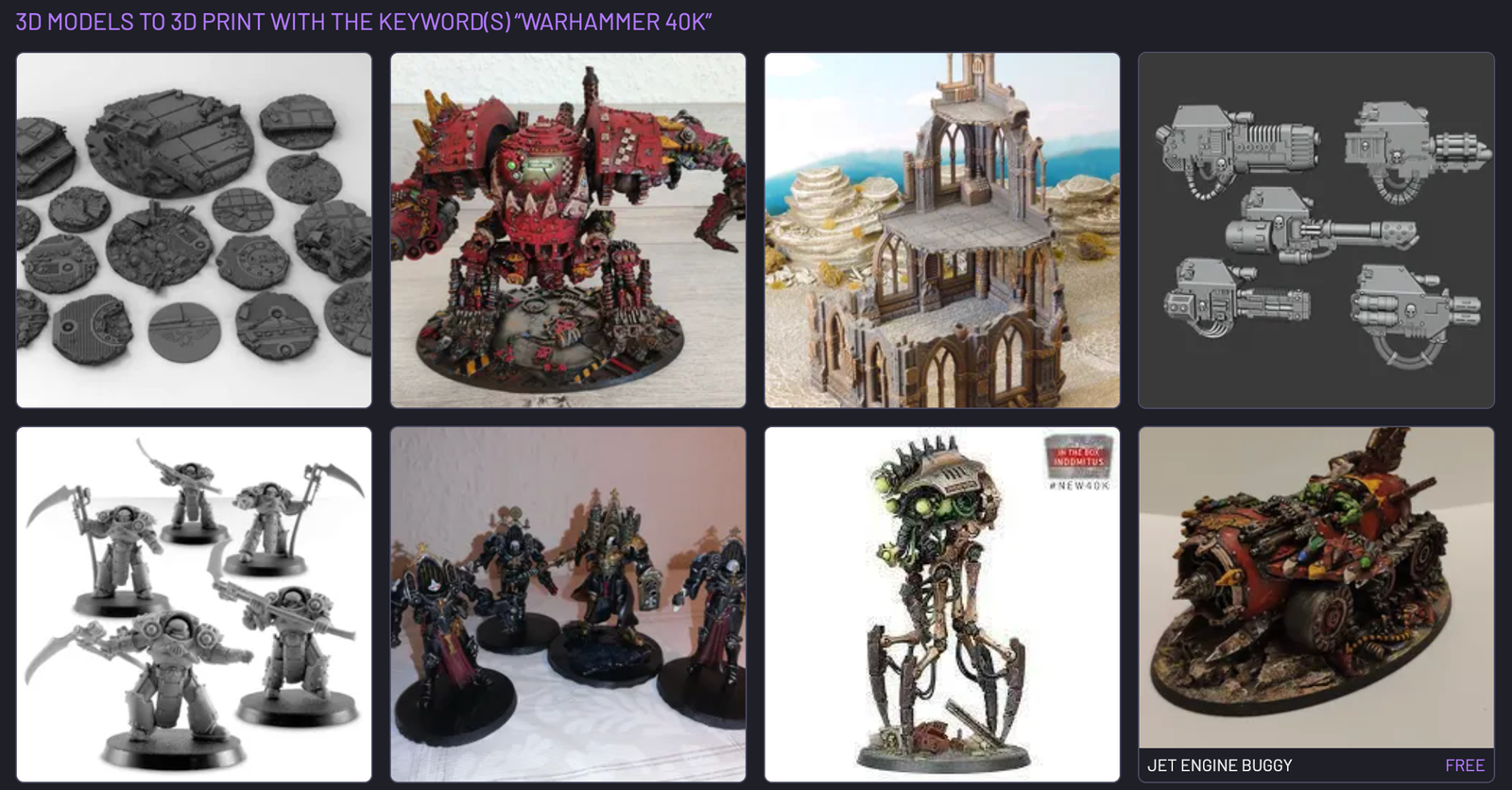 Une capture d'écran de modèles sans licence Warhammer 40K dans les résultats de recherche sur les cultes 3D.
