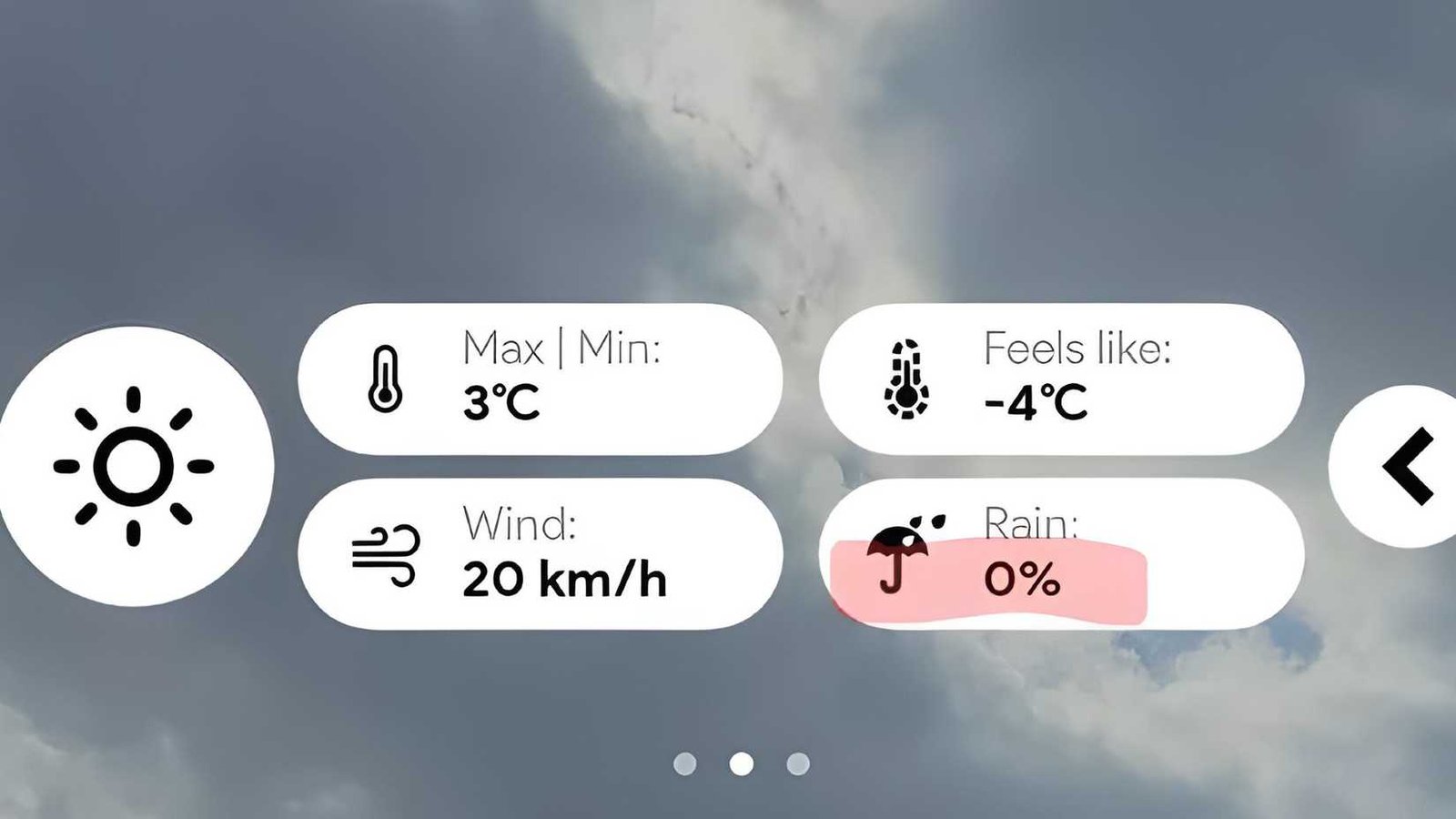 Le widget de la météo et des widgets de découverte montrant la pluie et la température