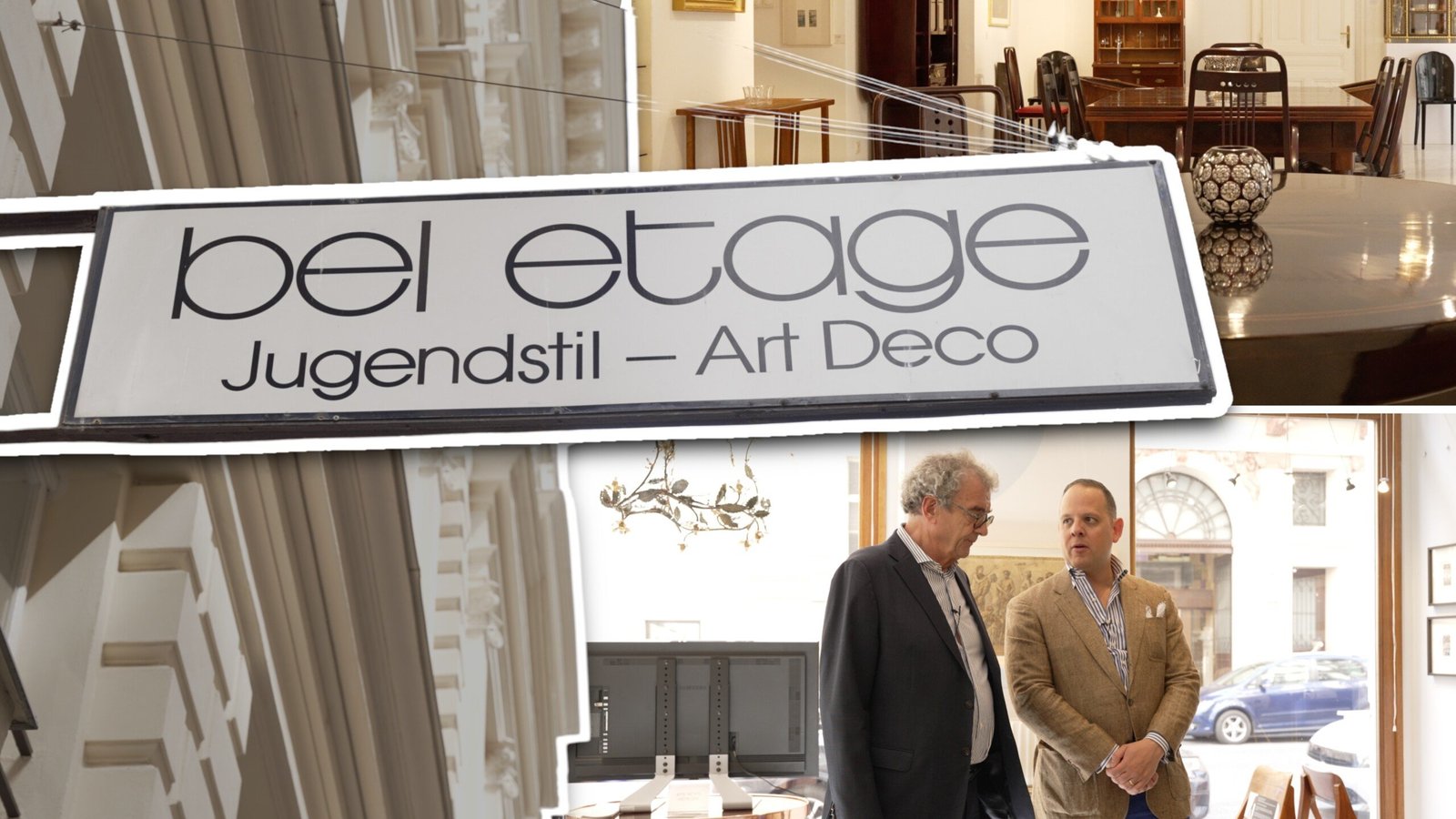 Banner Bel Etage 3 3840x2160 1 Échelle Deux hommes se tiennent devant un panneau de magasin. Il lit, "Bel Etage, Jugendstil - Art Déco"