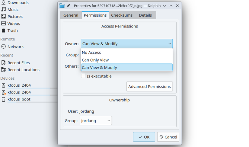 Le menu des paramètres d'autorisation du fichier Dolphin File Manager.