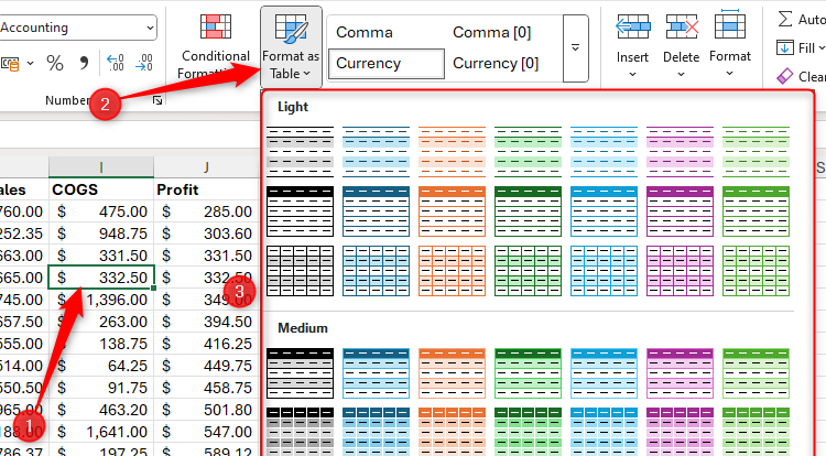 Une cellule d'un ensemble de données Excel est sélectionnée, le format à mesure que la table est étendue et les différents styles de table sont affichés.