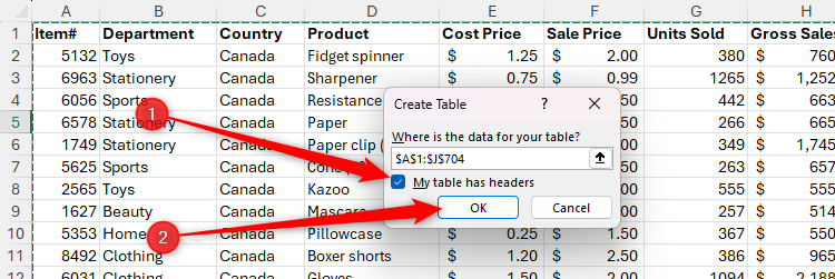 Ma table a des en-têtes dans la boîte de dialogue Créer des tableaux de Microsoft Excel est cochée et le bouton OK est sélectionné.
