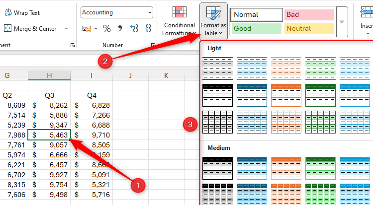 Une cellule dans un ensemble de données non formaté dans Excel est sélectionnée et le format comme menu déroulant Table est élargi.