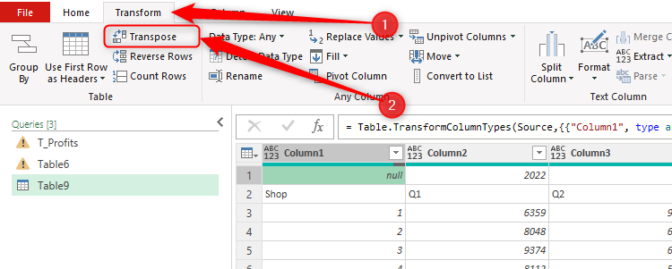Le bouton Transpose dans l'onglet Transformée de l'éditeur de requête Power d'Excel.