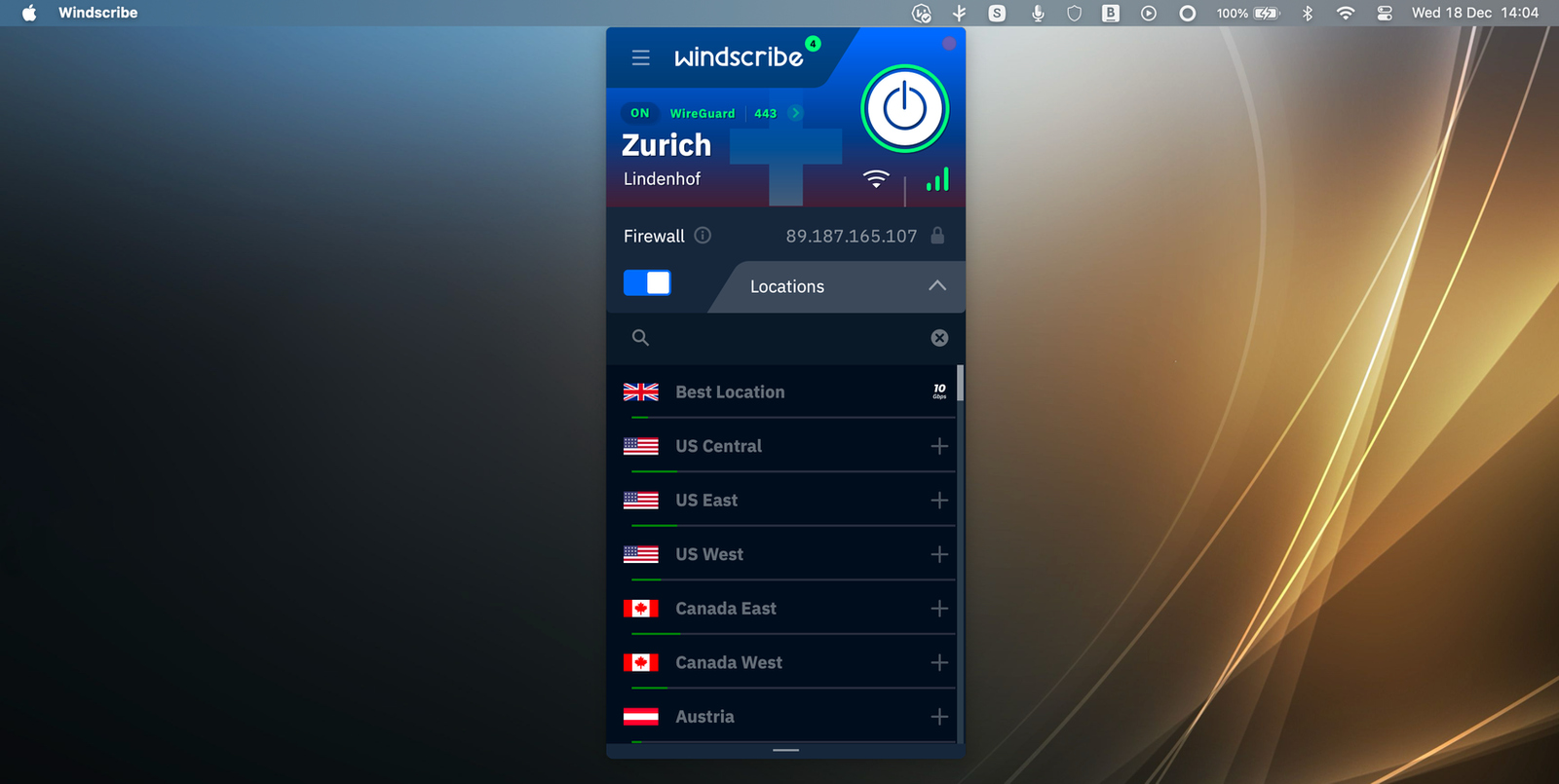 VPN Windscribe dans la barre de menu MacOS.