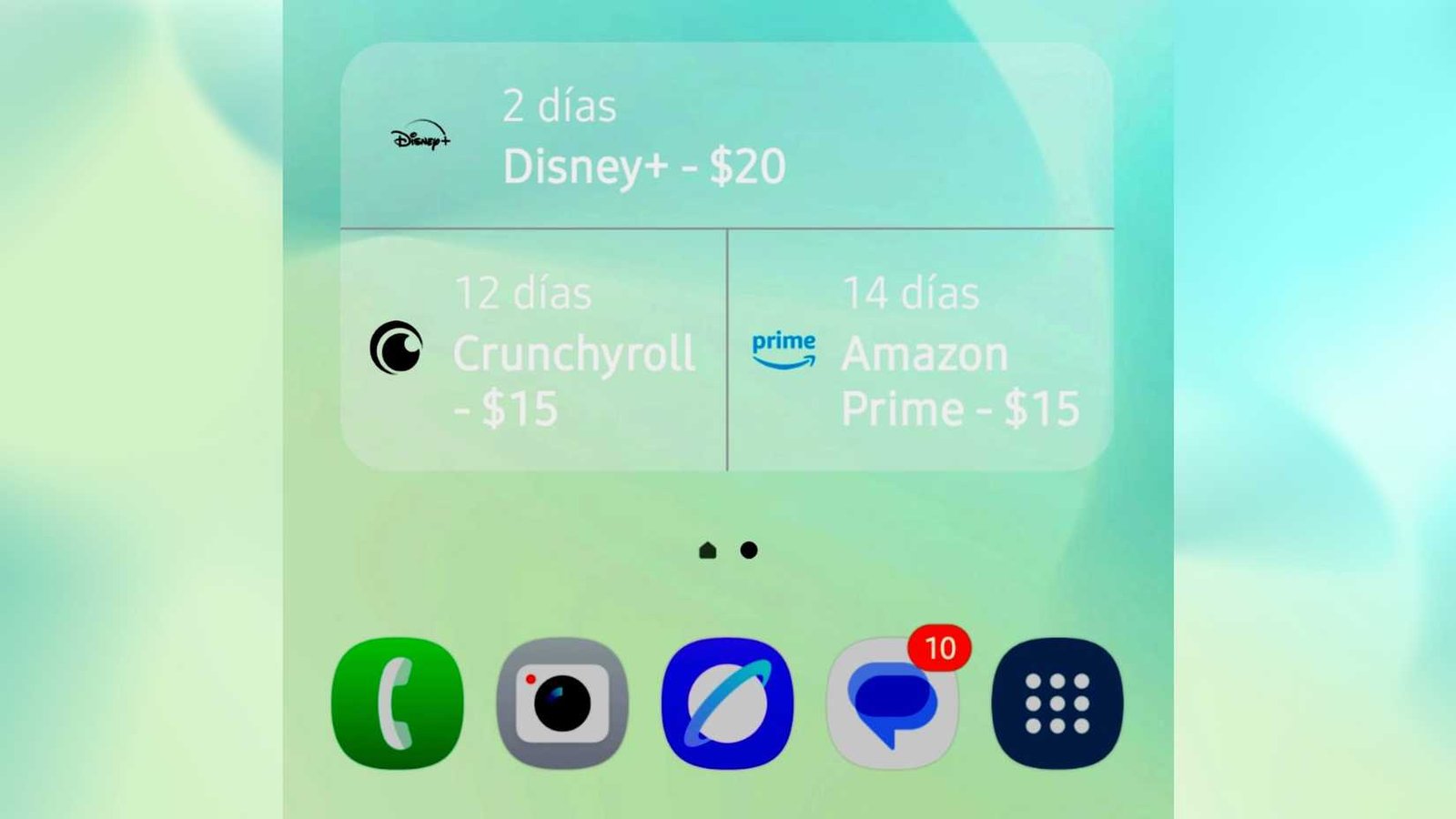 Tilla - Widget du gestionnaire d'abonnements montrant les abonnements Disney, Crunchyroll et Amazon Prime qui doivent être payés bientôt sur l'écran d'accueil d'un téléphone