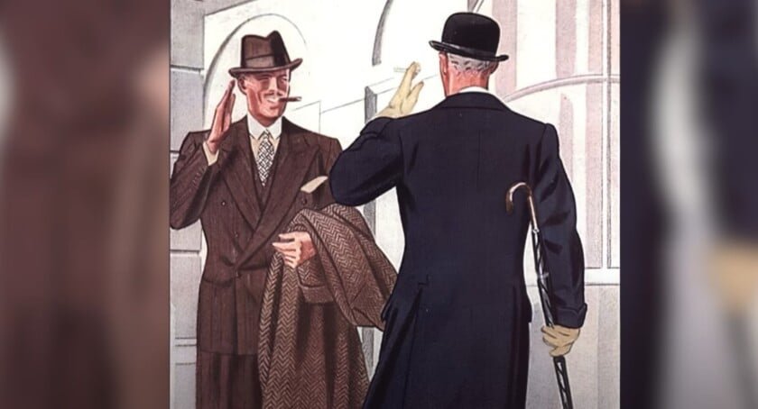 Illustration vintage de deux messieurs se saluant avec un contact visuel poli et une main levée
